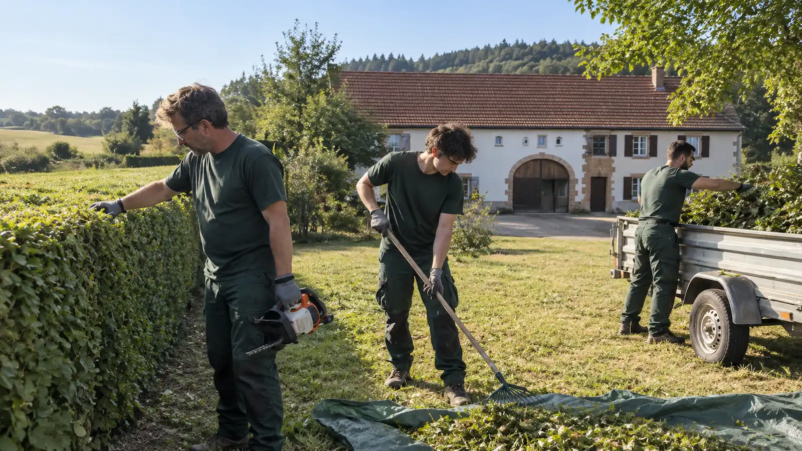 Trois artisans au travail : taille de haie, ratissage et chargement de la remorque